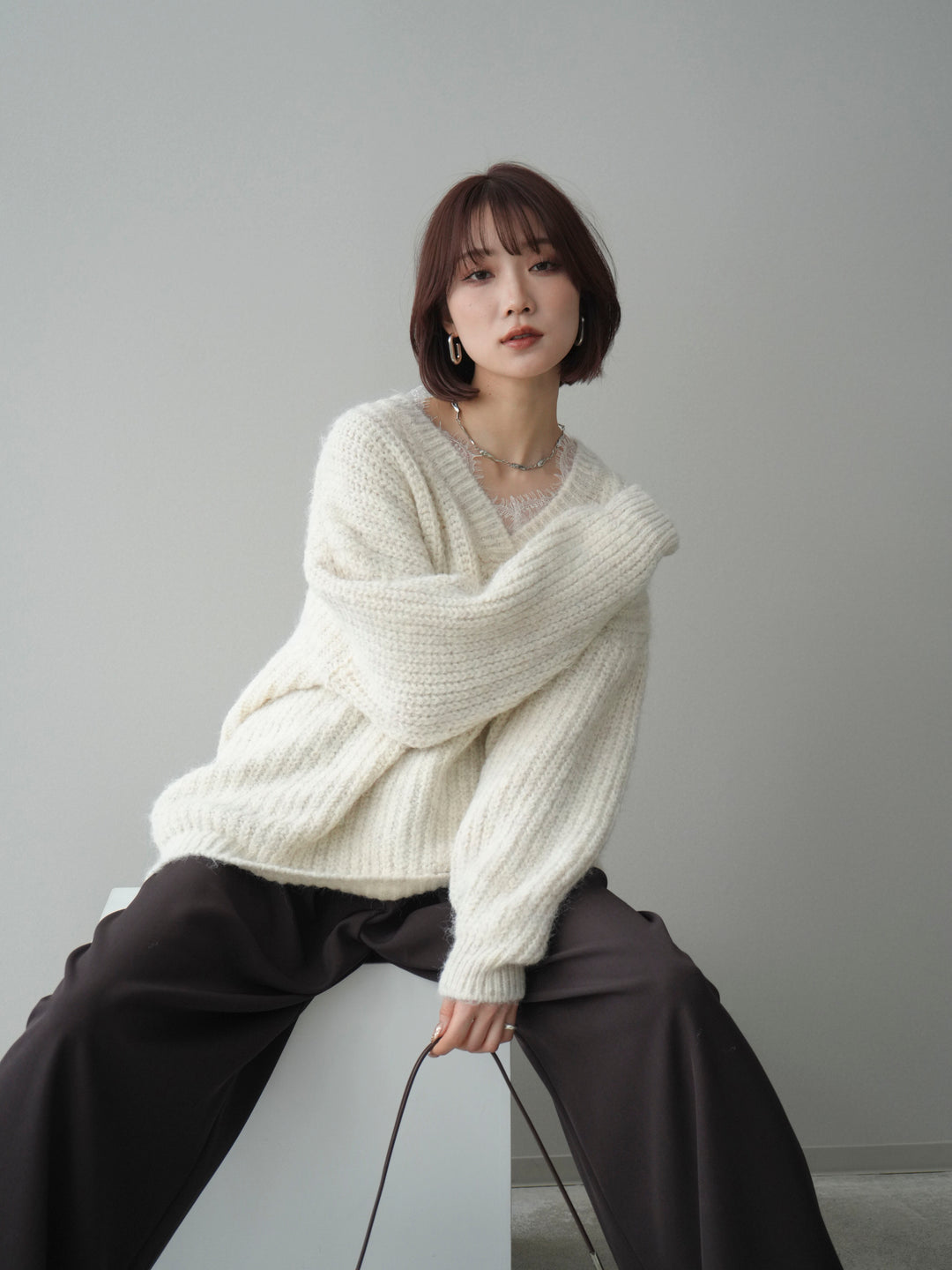 [SET]Vネックレースニットプルオーバー+選べるアクセセット(2set)