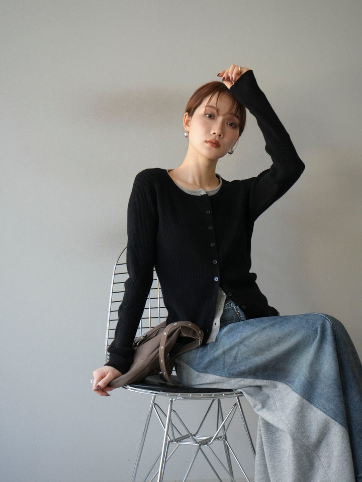 [予約]レイヤード配色ニットカーディガン/ブラック