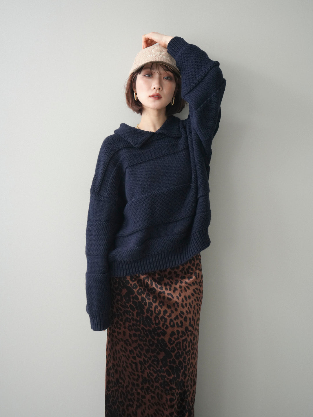 [予約]襟付きボーダー編みニットプルオーバー/navy