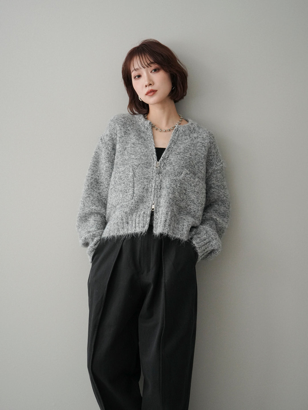 [SET]ミックスヤーンダブルZIPニットカーディガン+コットンツイルカーブパンツ(2set)