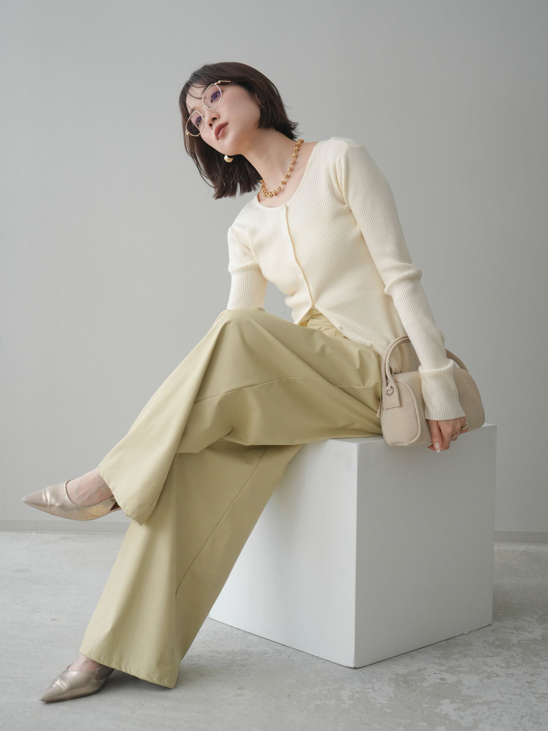 [予約]前後2WAYリブ編みクルーネックカーディガン/ivory