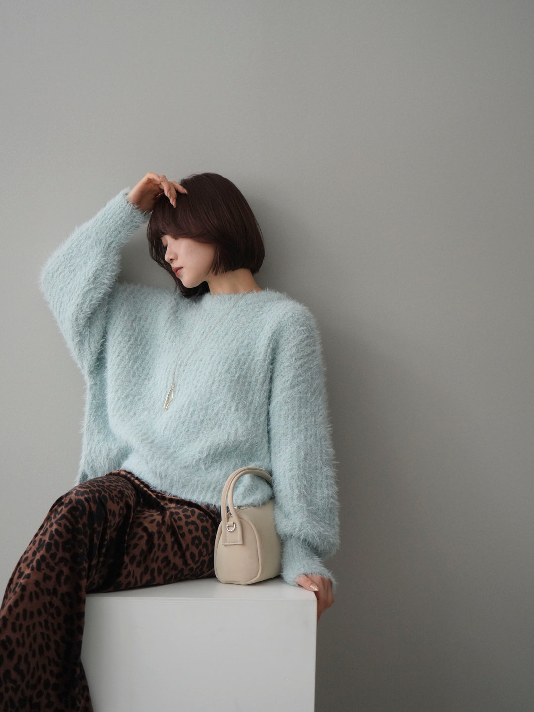 [予約]ボリュームスリーブシャギー MIXニットプルオーバー/mint