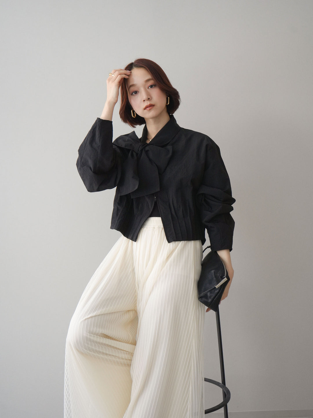 [SET]ボウタイ裾プリーツライトジャケット+ストライプチュールボリュームバギーパンツ(2set)