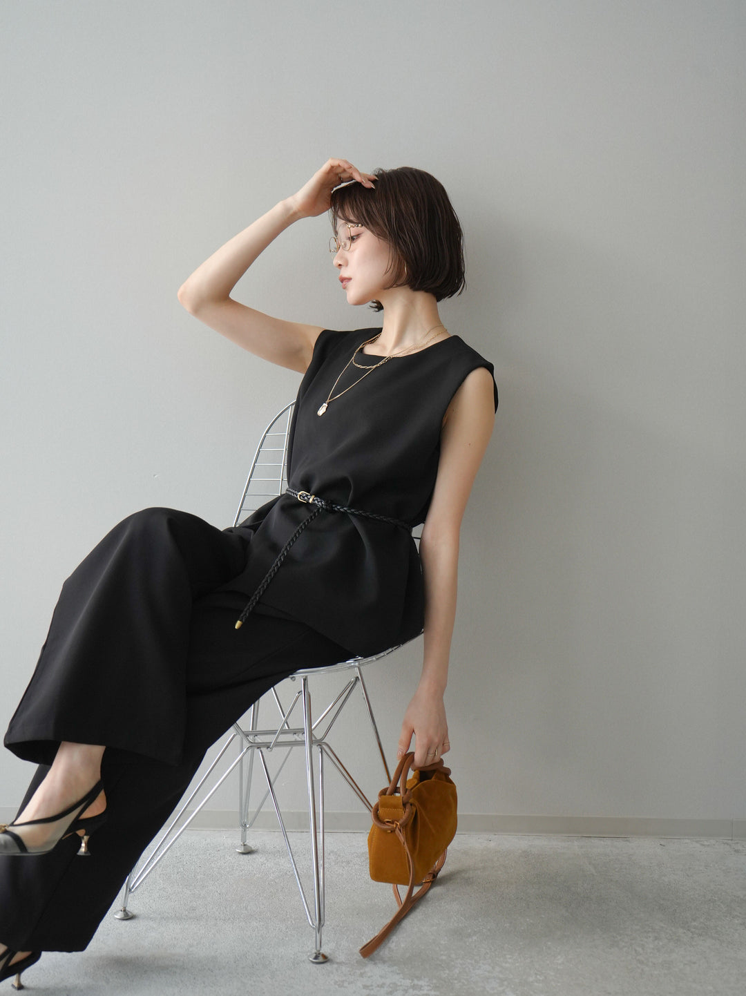 [SET]ベルト付ノースリーブトップス＆ワイドパンツSETUP