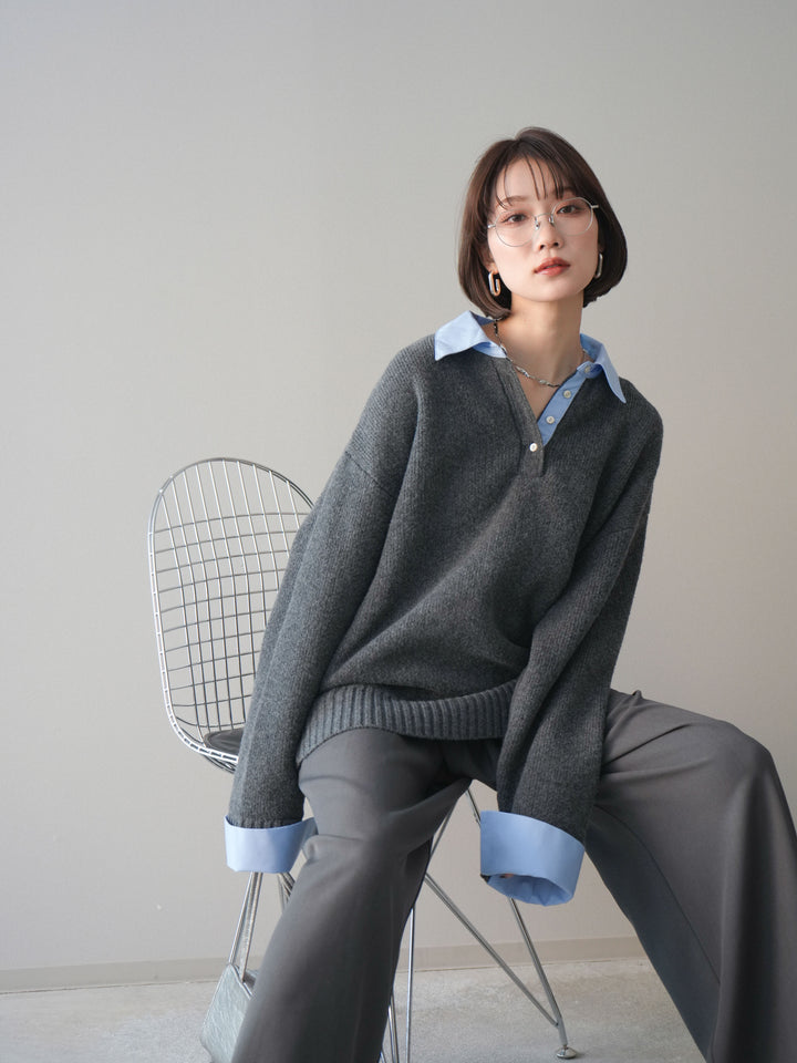 [予約]シャツドッキングオーバーニットプルオーバー/charcoalsax