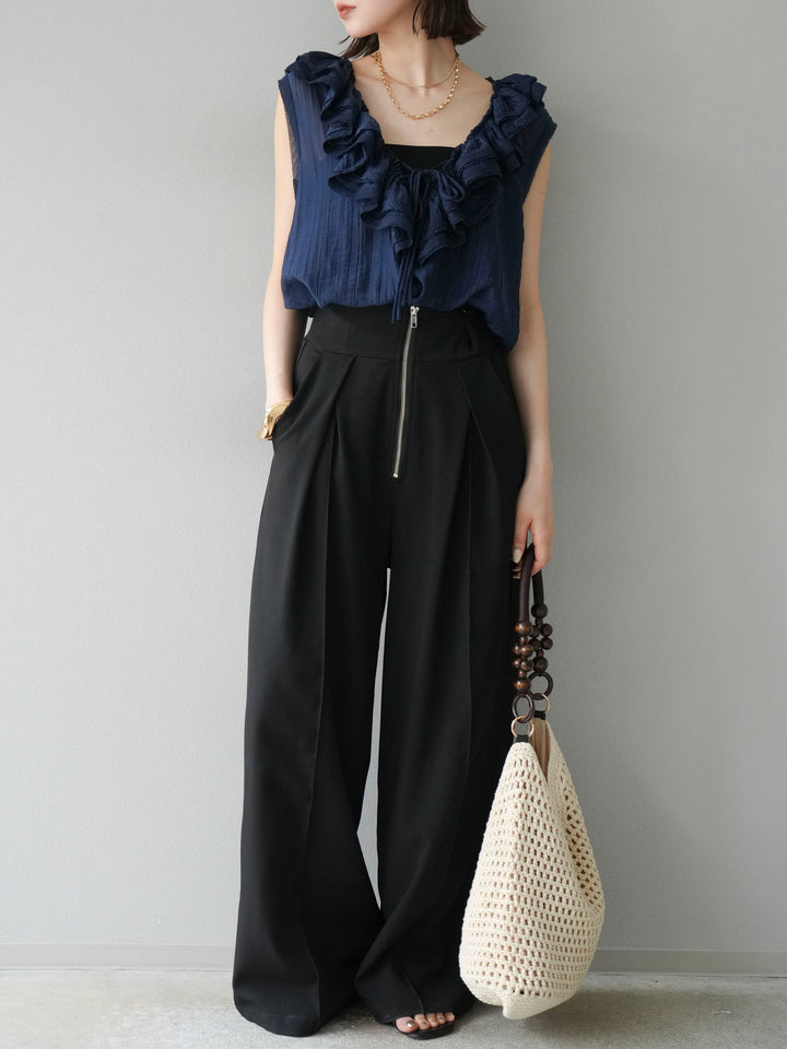 [予約]ワッシャーラッフルノースリーブブラウス/ネイビー