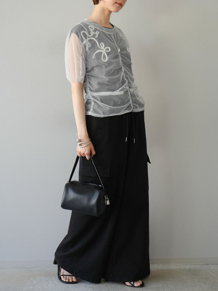 [SET]ラメチュールシャーリングプルオーバー+コード刺繍フレンチスリーブTシャツ+ウエストラインサイドポケットスウェットパンツ(3set)