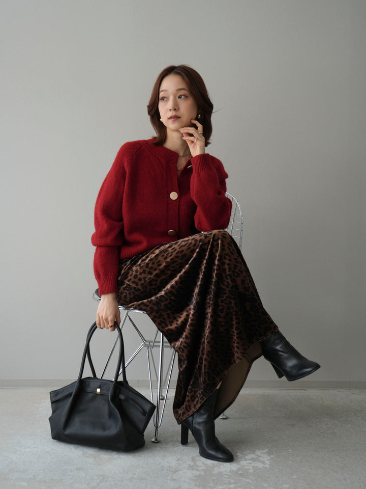 [SET]BIGボタンニットカーディガン+レオパードベロアナロースカート(2set)