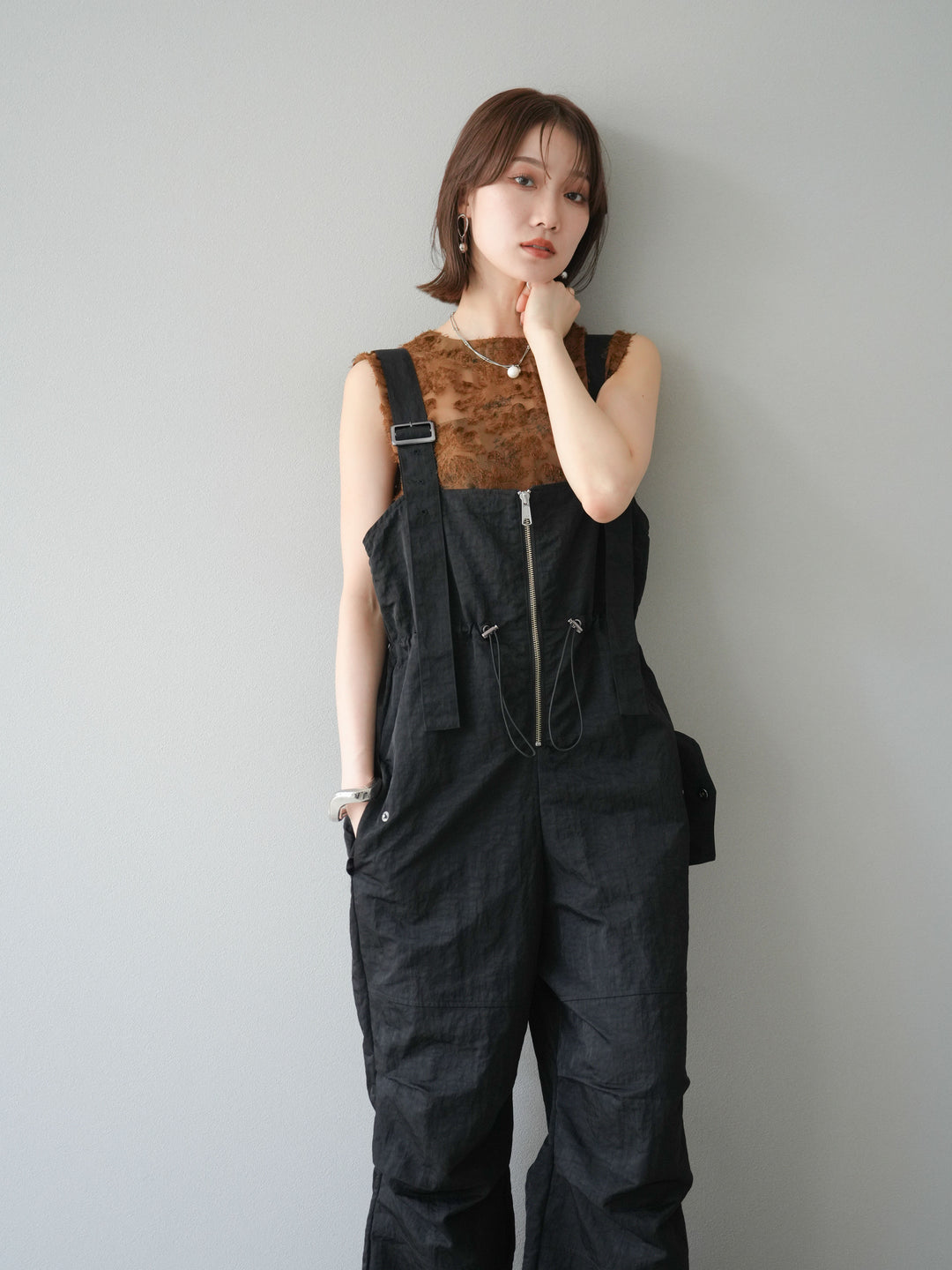 [予約]ナイロンタックデザインサロペット/ブラック