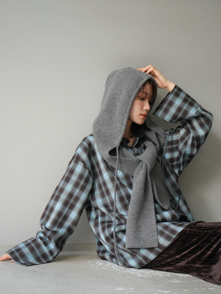 [予約]レザー襟オンブレチェックオーバーシャツ /ブルー