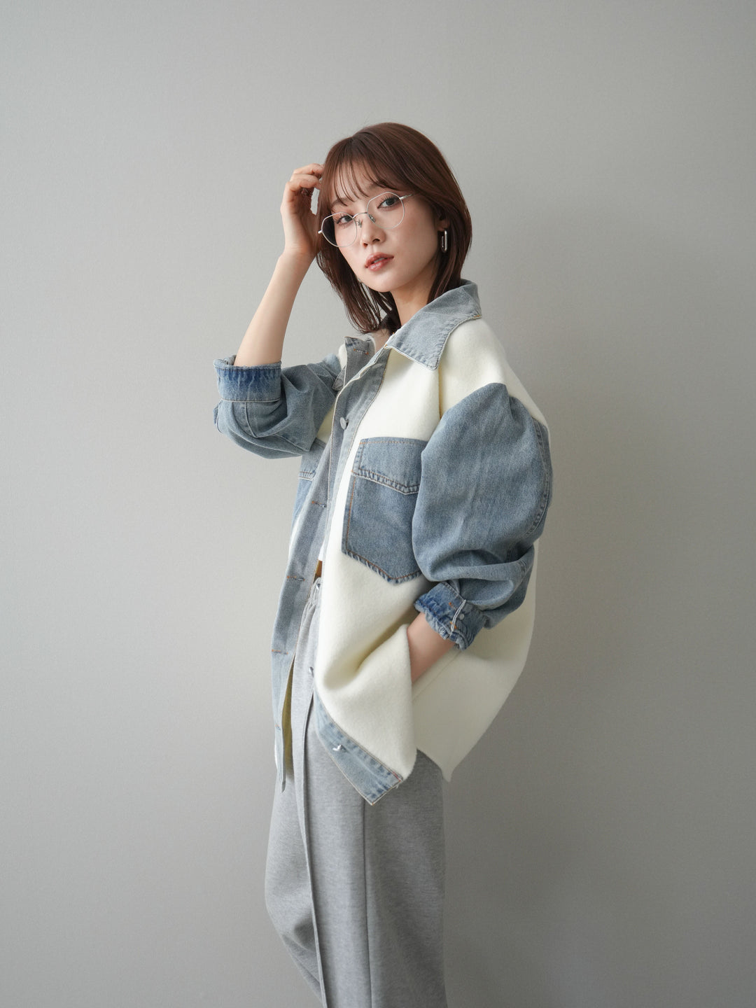 [SET]デニム襟ダブルフェイスニットカーディガン+2WAYデザインスウェットパンツ(2set)