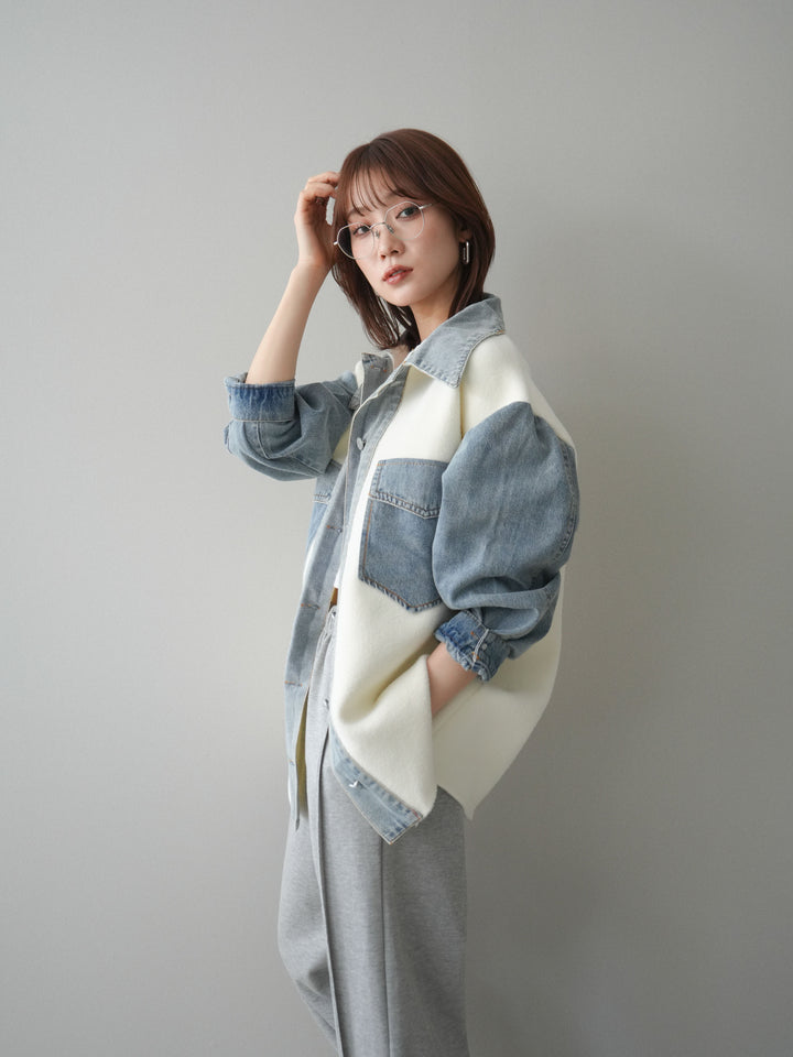 [SET]デニム襟ダブルフェイスニットカーディガン+2WAYデザインスウェットパンツ(2set)