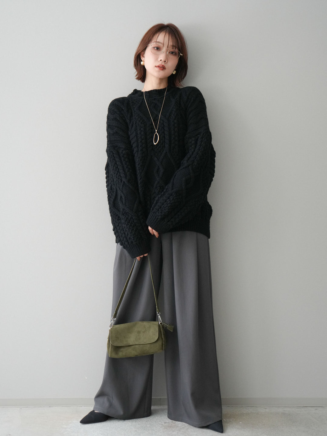[SET]ケーブル編みモックネックニットプルオーバー+ベルトループデザインワイドパンツ(2set)
