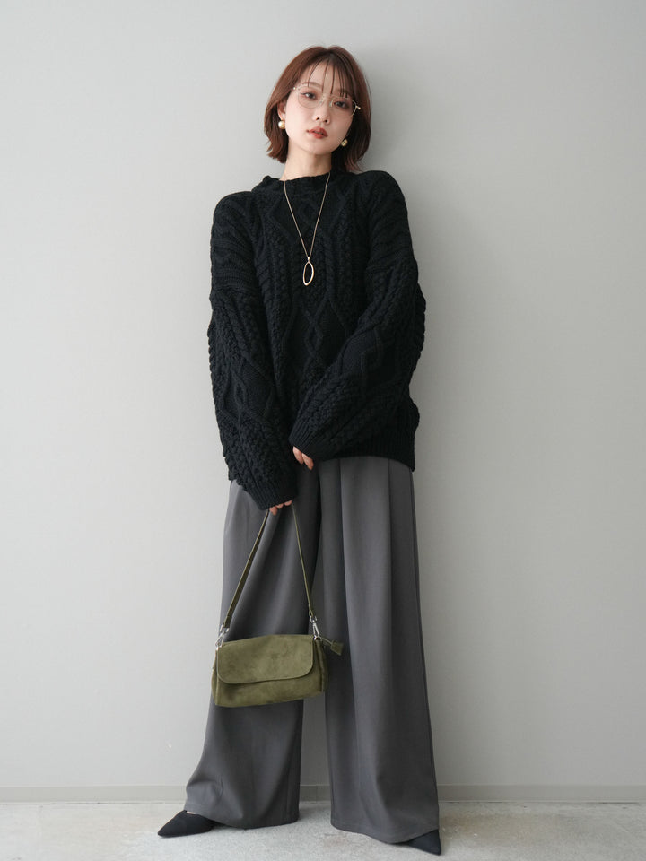 [SET]ケーブル編みモックネックニットプルオーバー+ベルトループデザインワイドパンツ(2set)