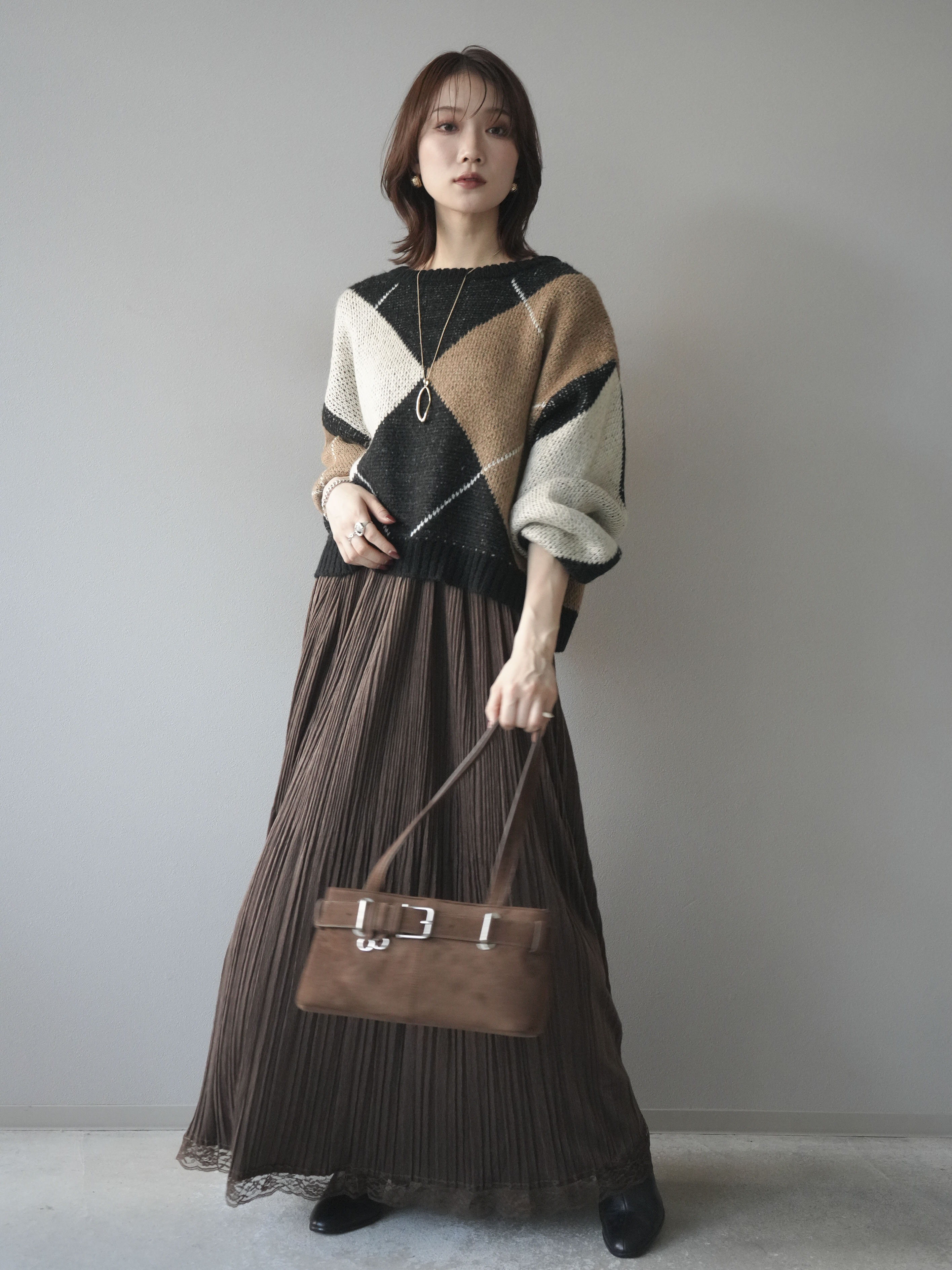 SET]配色ステッチアーガイル柄ニットプルオーバー+裾レーススウェード