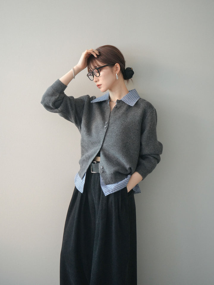 [SET]チェックシャツ襟ニットカーディガン+ベルトデザインループコールテンワイドパンツ(ベルト付き)(2set)