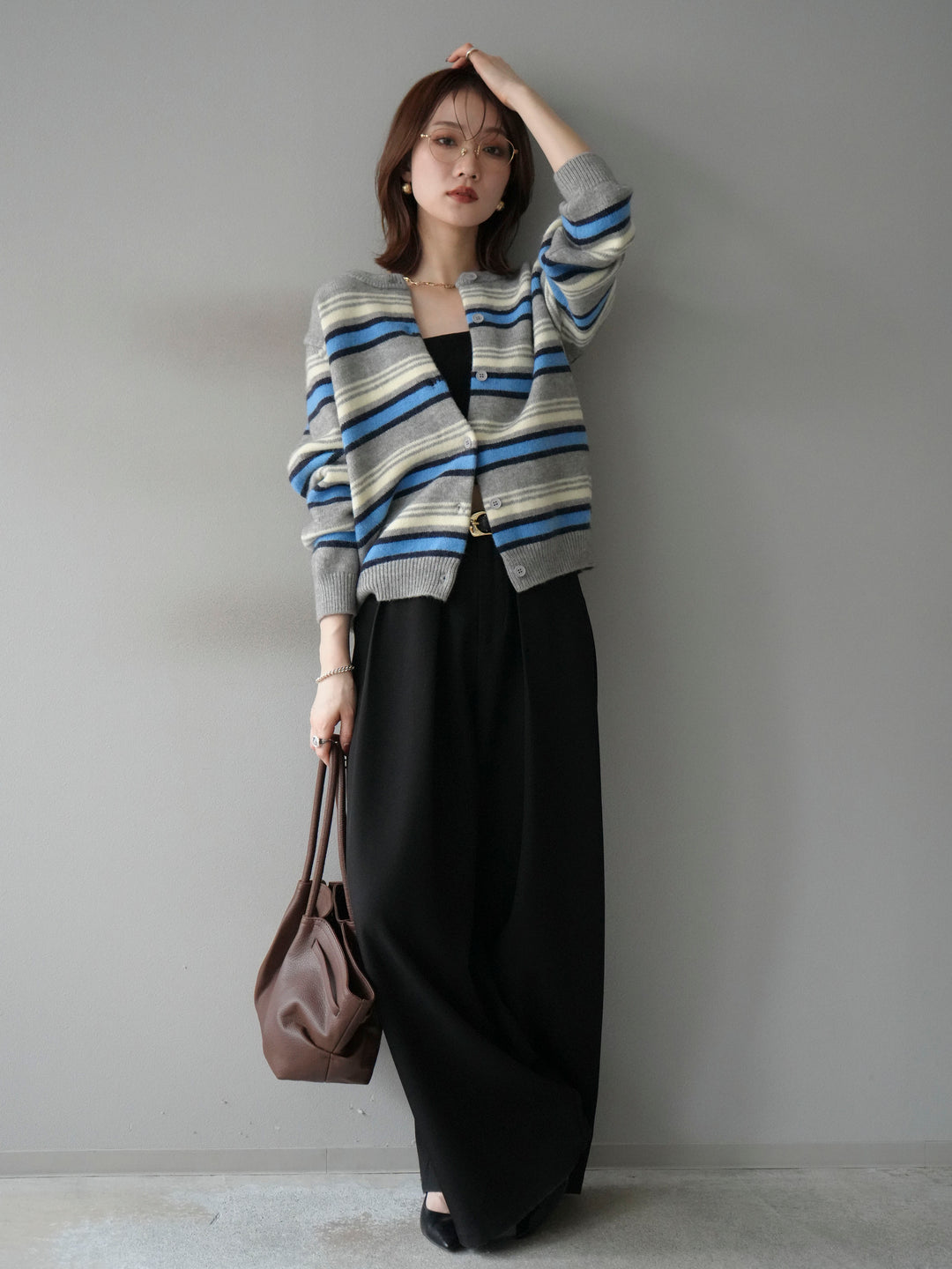 [SET]マルチボーダーニットカーディガン+ベルトループデザインワイドパンツ(2set)