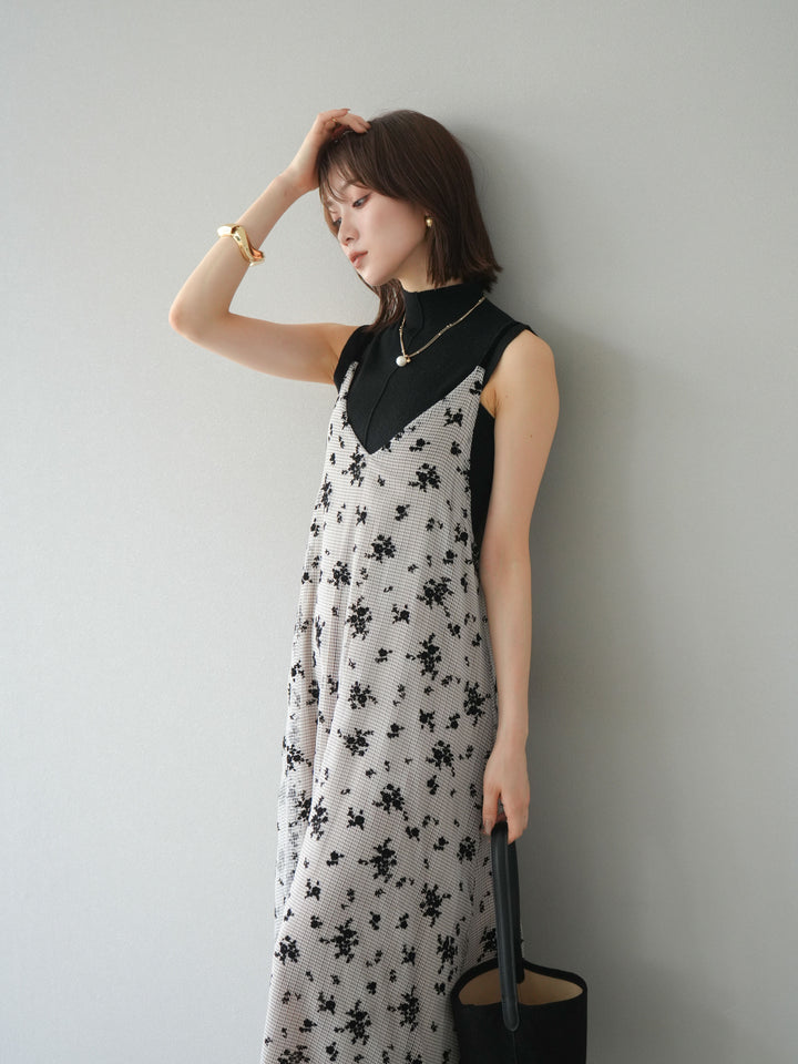 [SET]フロッキーチュールレイヤードベロアキャミワンピース+プチネックセンターシームノースリーニットトップス(2set)