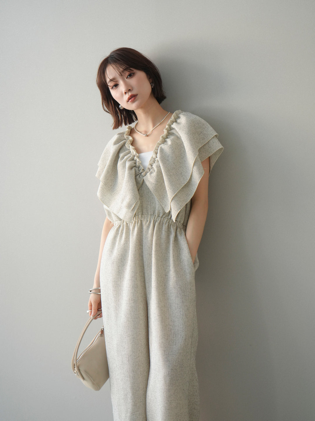 [SET]3WAYミックスツイードギャザーオールインワン+選べるアクセセット(2set)