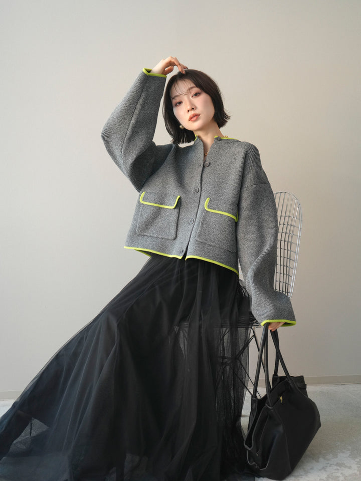 [SET]ポリエステル配色ニットカーディガン+チュールボリュームスカート(2set)