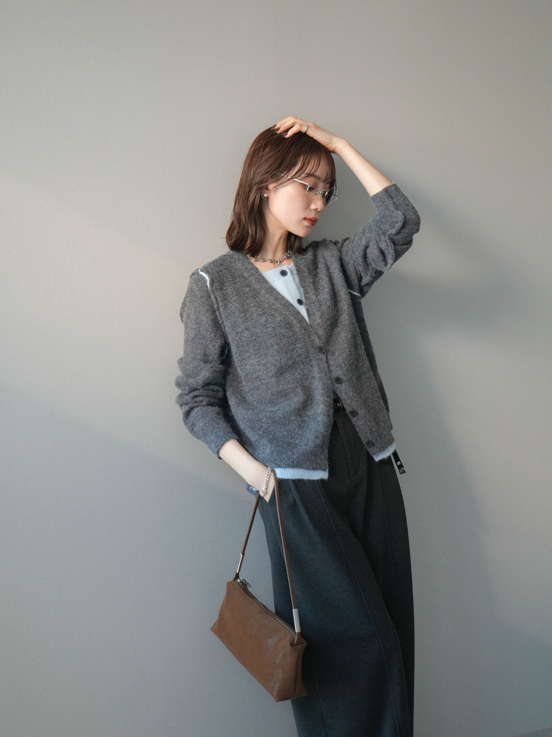 [予約]配色レイヤードニットカーディガン/gray