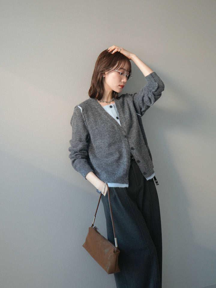 [予約]配色レイヤードニットカーディガン/gray