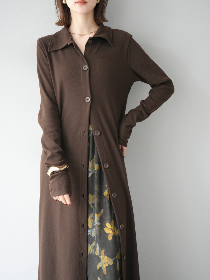 [予約]襟付きカットリブボタンワンピース/ブラウン