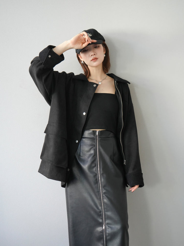 [予約]コーデュロイ襟スウェードミドルジャケット /ブラック