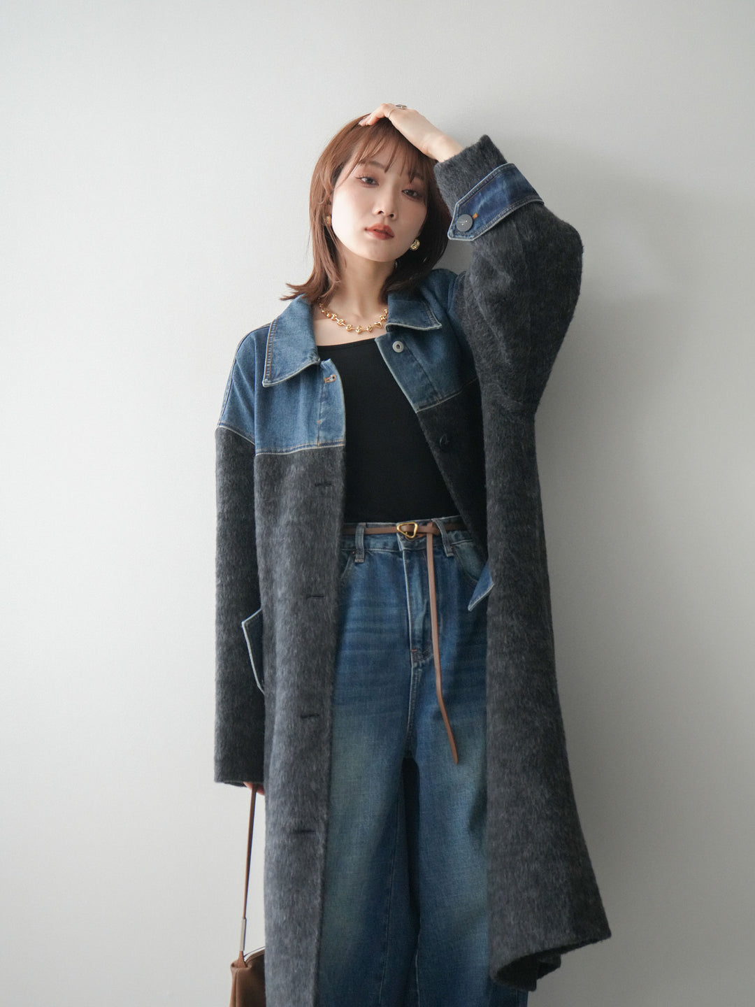 [予約]デニム切替シャギーステンカラーコート/charcoal