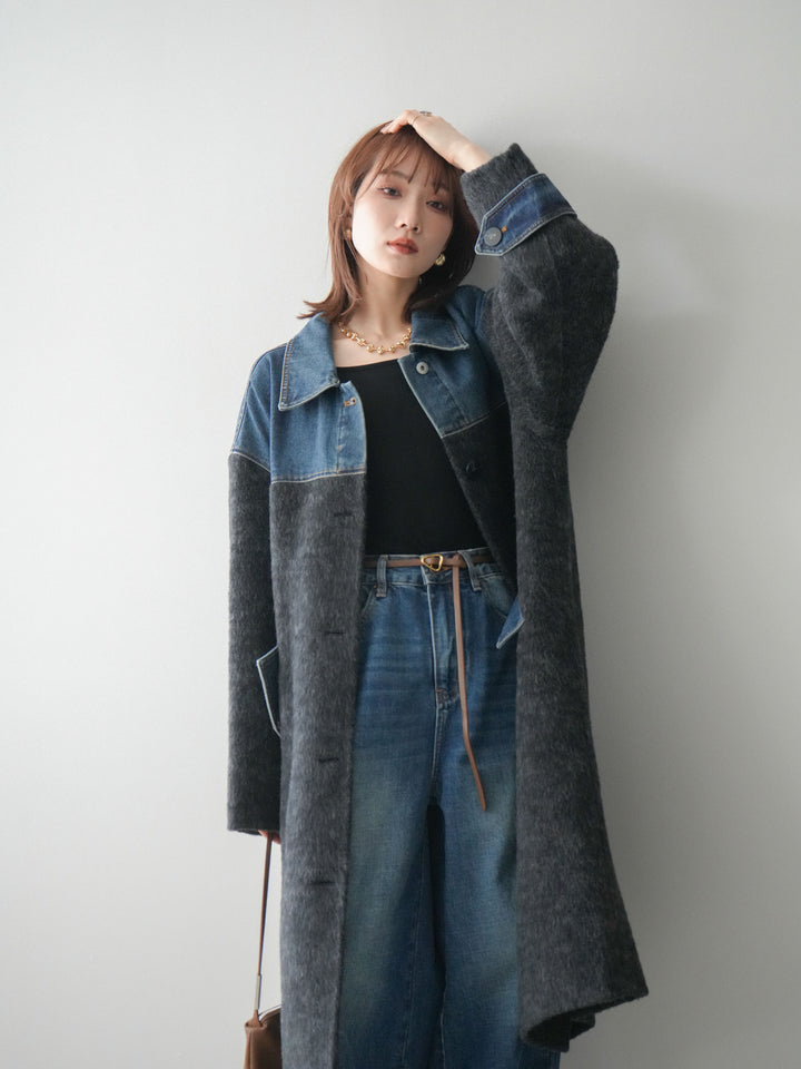 [予約]デニム切替シャギーステンカラーコート/charcoal