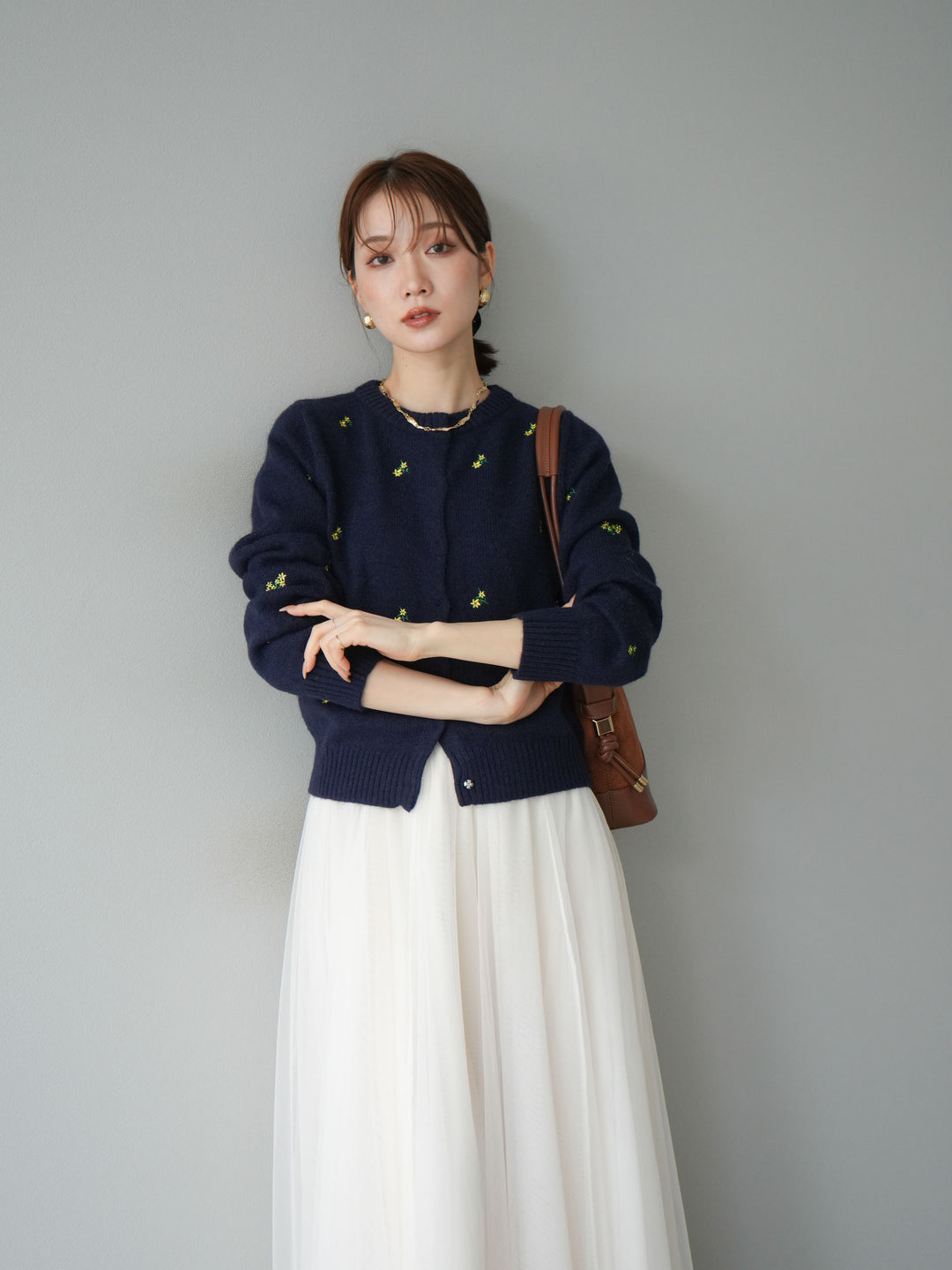 [SET]フラワー刺繍ニットカーディガン+チュールボリュームスカート(2set)