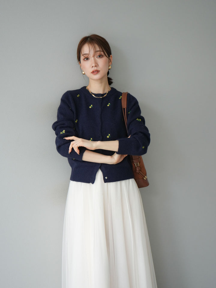 [SET]フラワー刺繍ニットカーディガン+チュールボリュームスカート(2set)