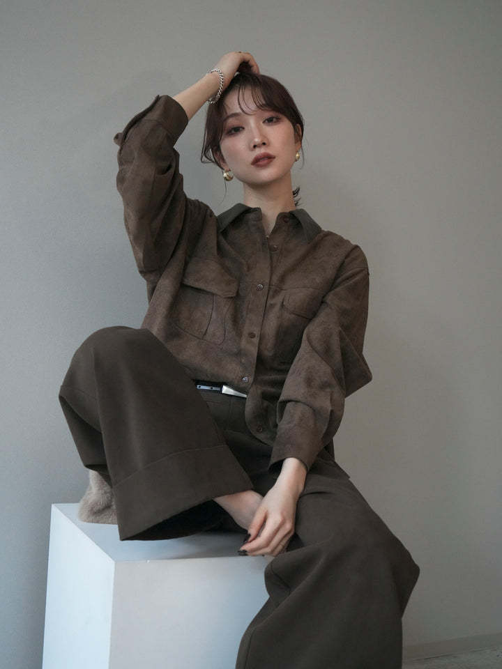 [予約]レザー襟スエードシャツ/khaki
