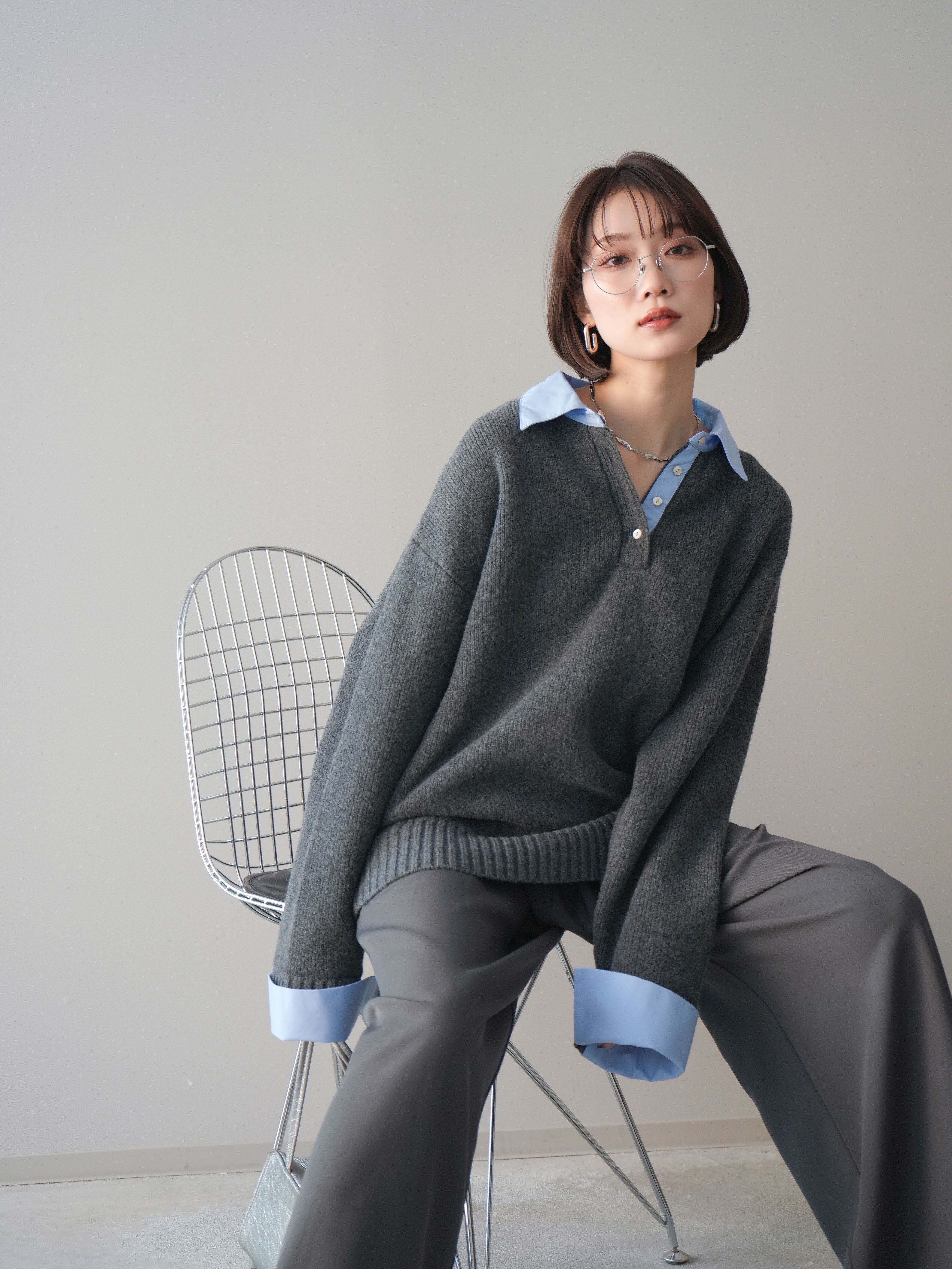 SET]シャツドッキングオーバーニットプルオーバー+ベルトループ