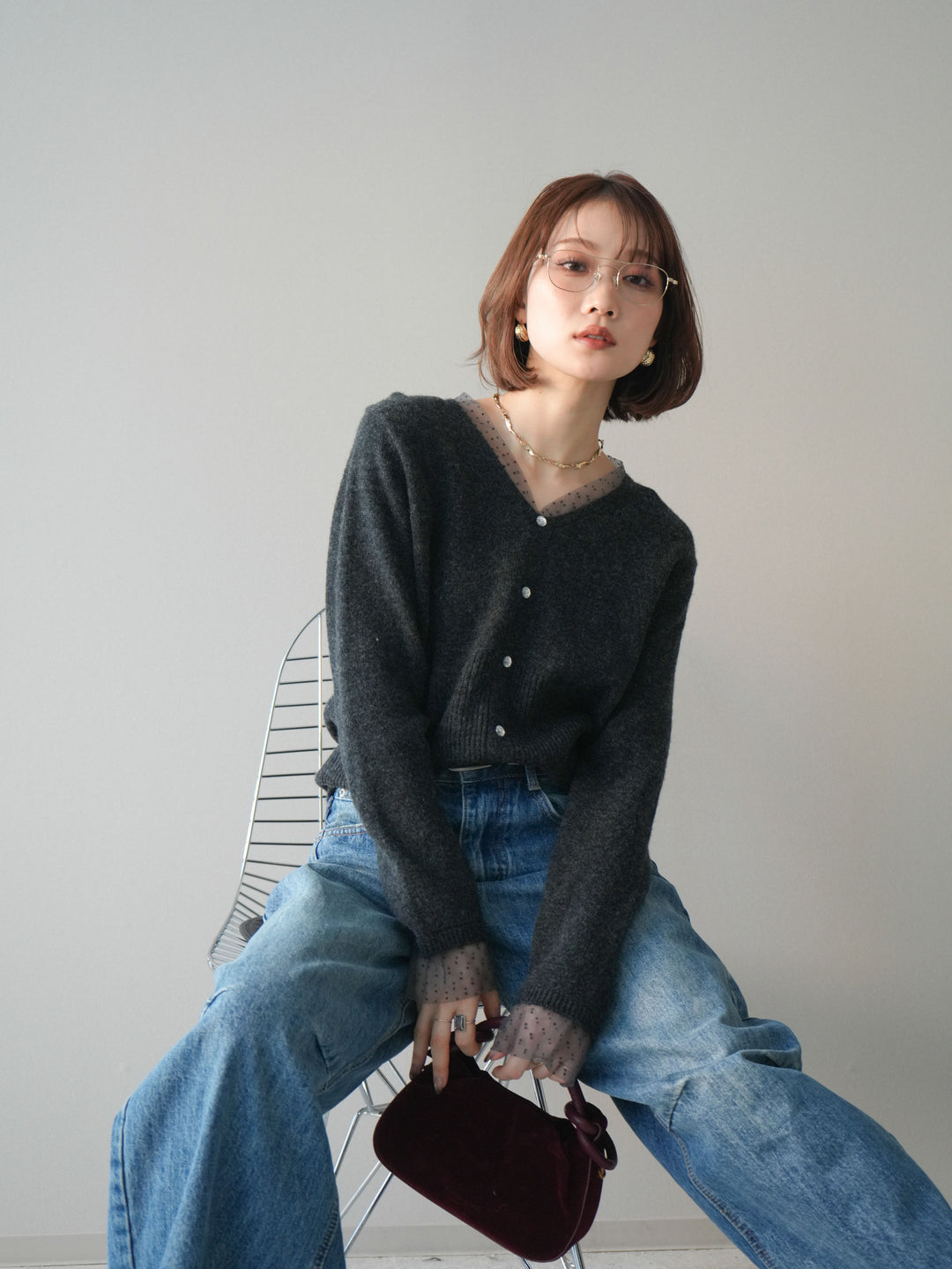 [SET]ドットチュールレイヤードボタンニットトップス+選べるアクセセット(2set)