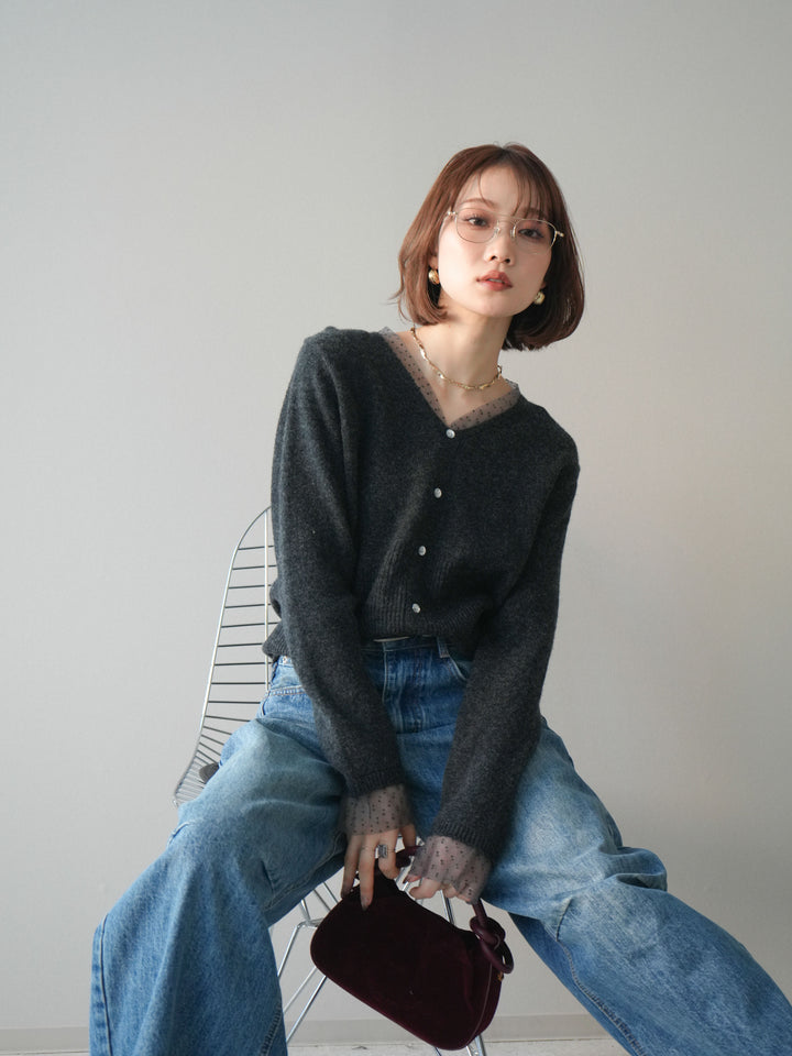 [SET]ドットチュールレイヤードボタンニットトップス+選べるアクセセット(2set)