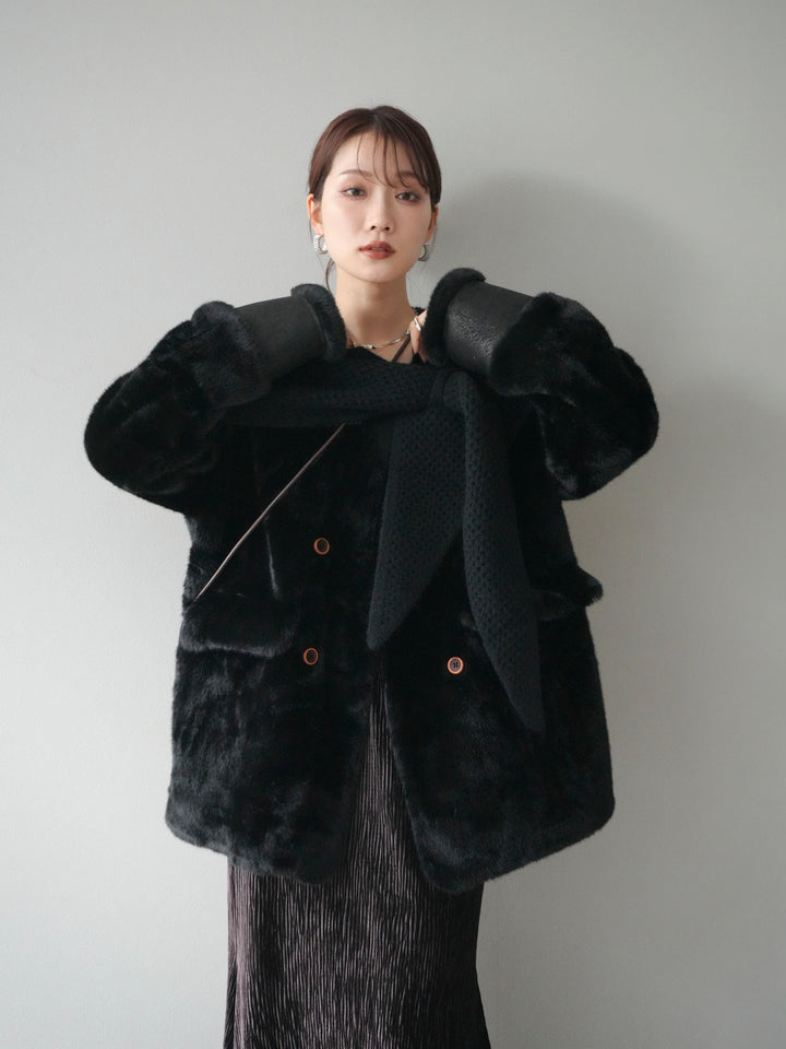 [SET]バッグ付エコファーノーカラーコート+選べるアクセセット(2set)