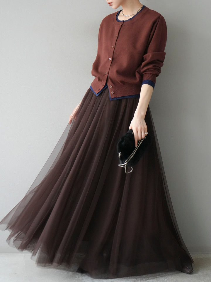 [SET]配色レイヤードカーディガン+チュールボリュームスカート(2set)