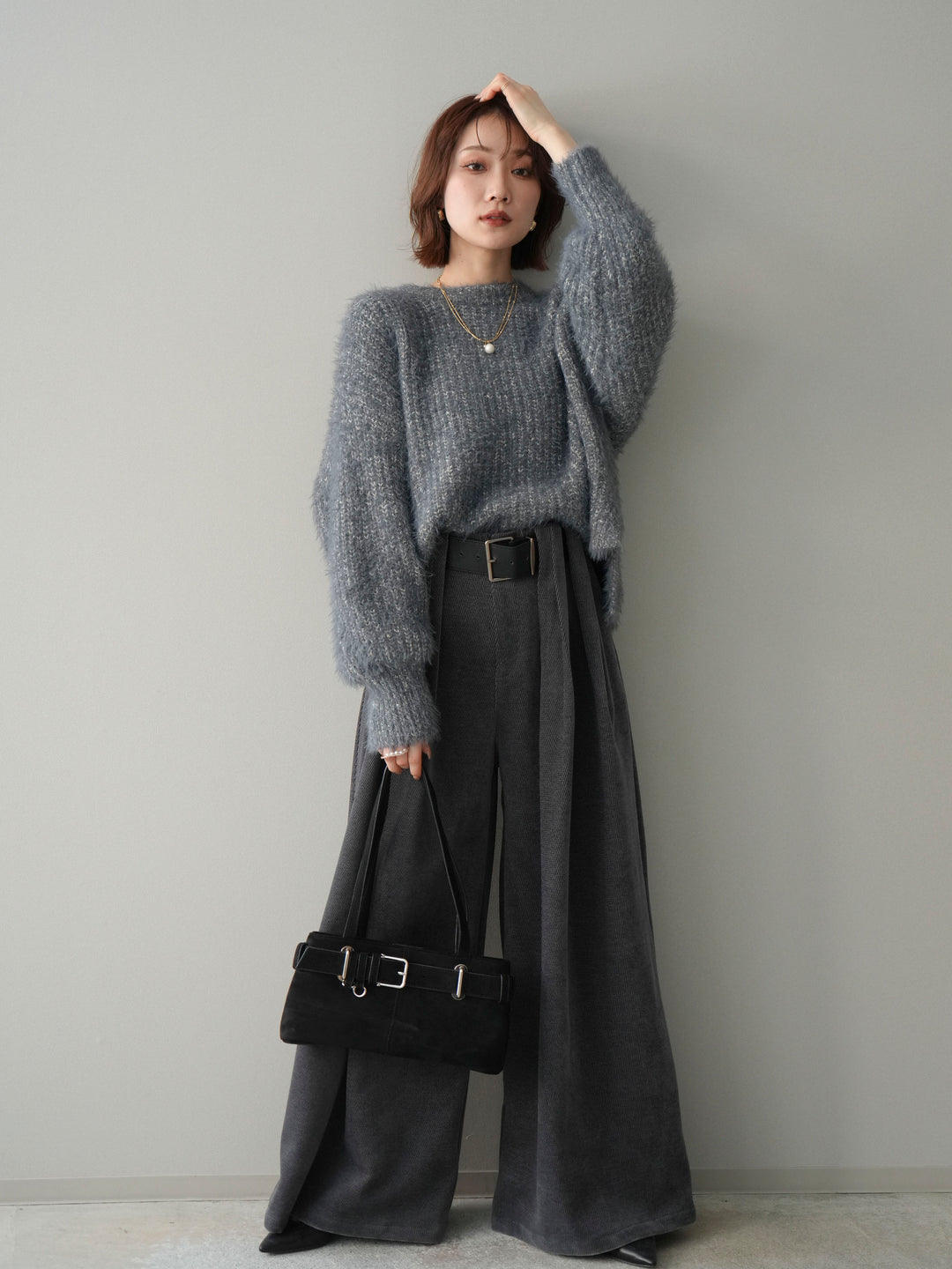 [SET]ボリュームスリーブシャギー MIXニットプルオーバー+ベルトデザインループコールテンワイドパンツ(ベルト付き)(2set)