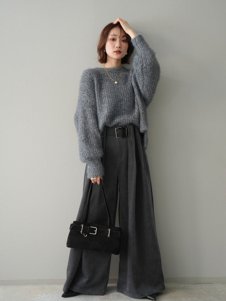 [SET]ボリュームスリーブシャギー MIXニットプルオーバー+ベルトデザインループコールテンワイドパンツ(ベルト付き)(2set)