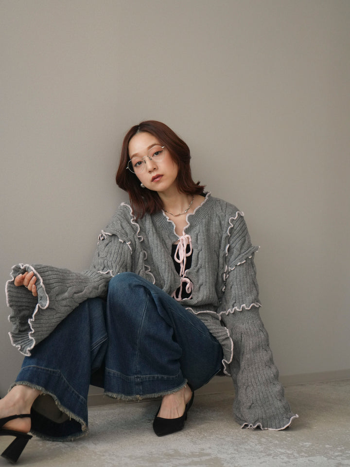 [SET]フロントリボン配色メローニットカーディガン+裏起毛裾フリンジワイドデニムパンツ(2set)