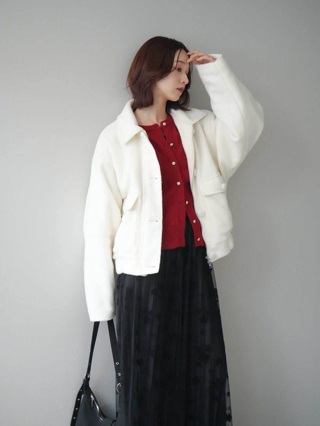 [SET]ウールライクフライトジャケット+アンティークボタンニットカーディガン+フラワーフロッキーチュールプリーツスカート(3set)