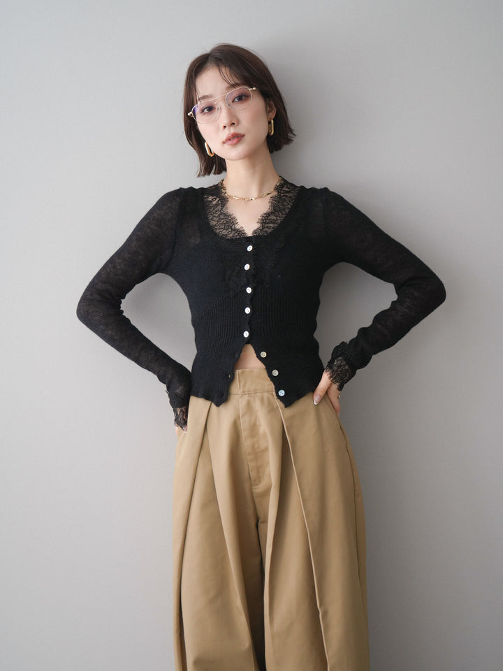 [予約]モヘアタッチレースニットカーディガン/black