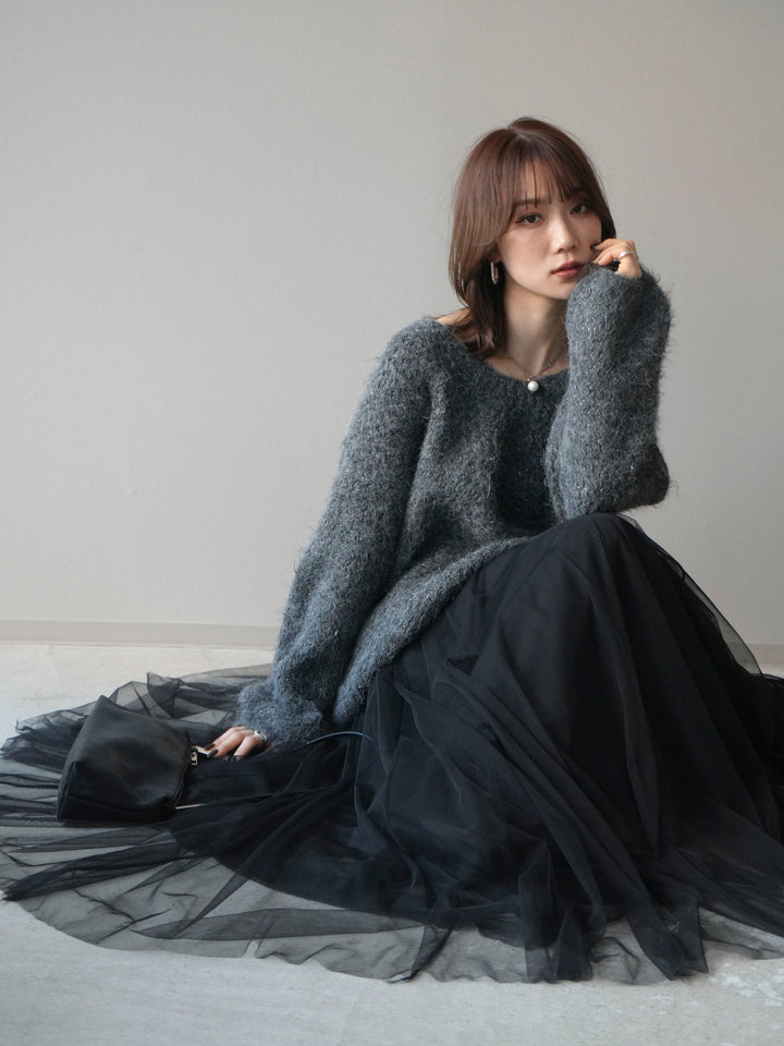 [予約]ウールタッチラメミックスヤーンVネックニットプルオーバー/charcoal