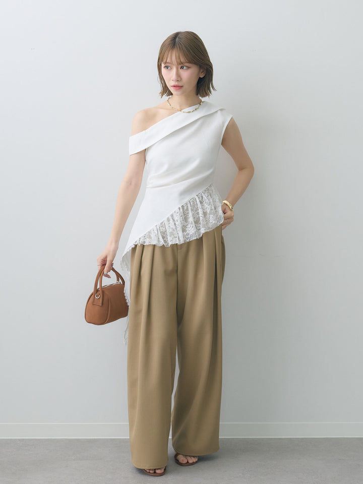 [SET]アシンメトリーラッフルレースヘムトップス+クレープデシンタックワイドパンツ(2set)
