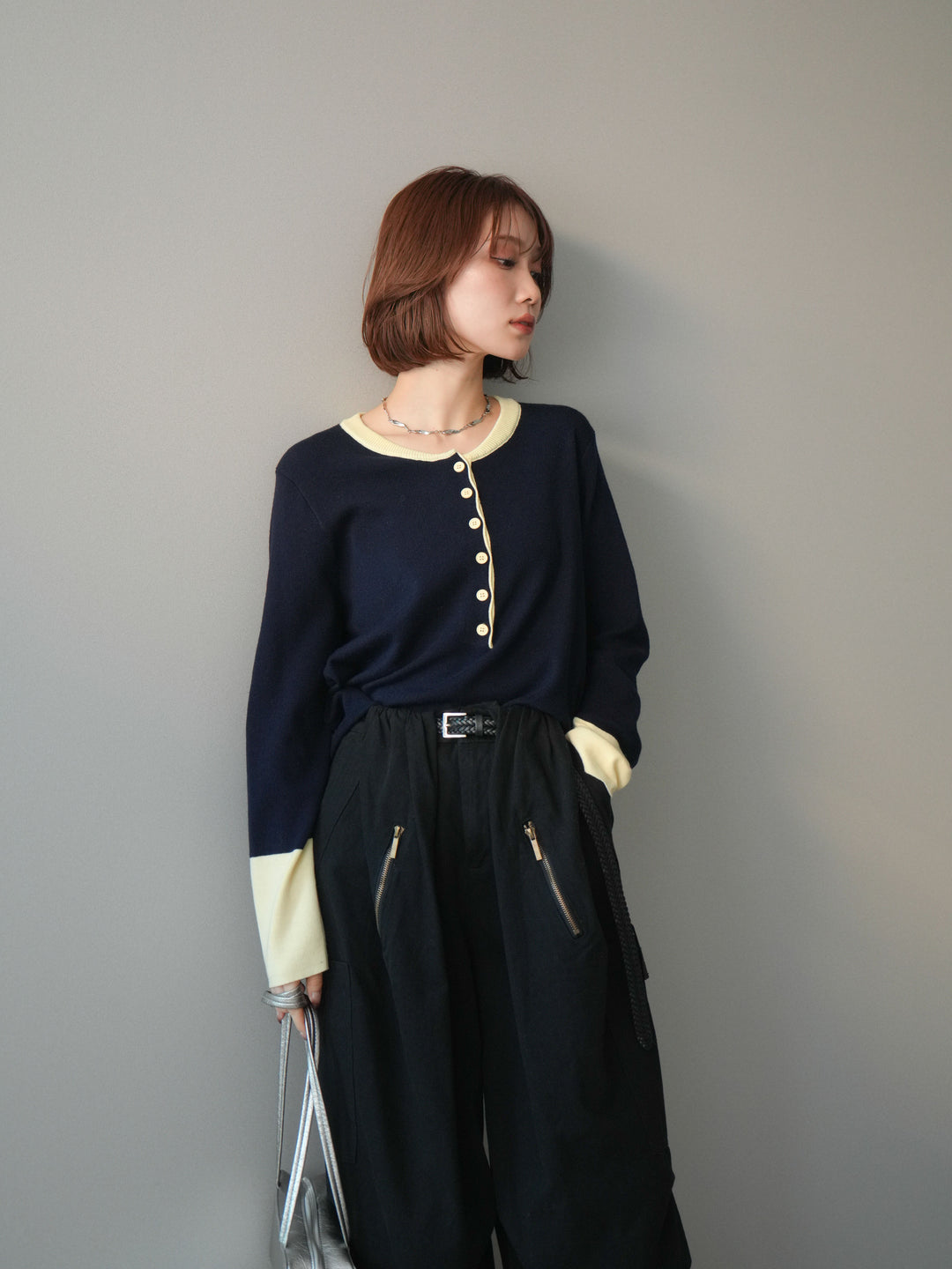 [予約]ヘンリーネック配色ニットソー/navy