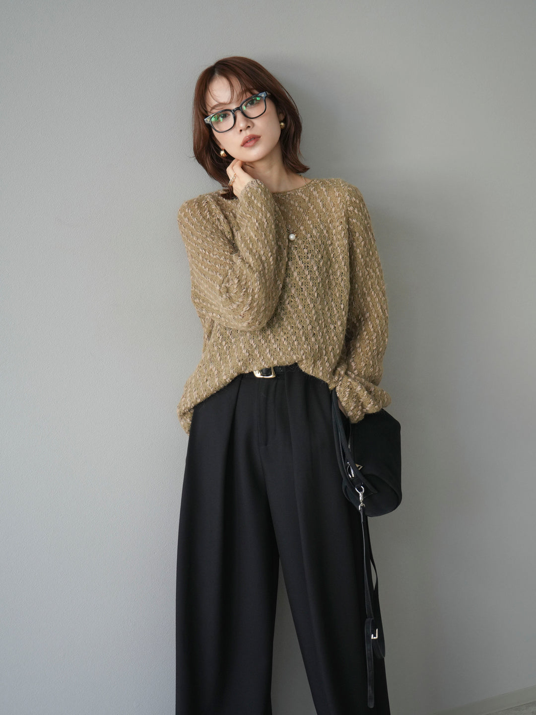 【着回しセット】[SET]求心柄クロップドニットカーディガン+異素材ミックスヤーンニットプルオーバー+ベルトループデザインワイドパンツ(3set)