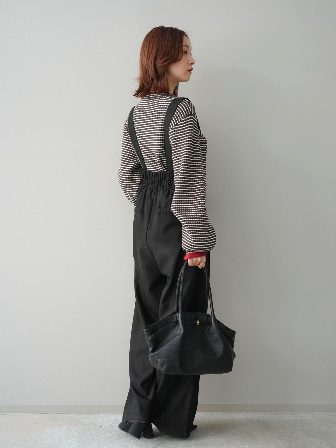 [SET]ラメ異素材ボーダーリブニットプルオーバー+ゴールドボタンサスペンダーワイドパンツ(2set)