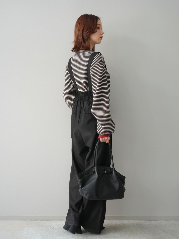 [SET]ラメ異素材ボーダーリブニットプルオーバー+ゴールドボタンサスペンダーワイドパンツ(2set)