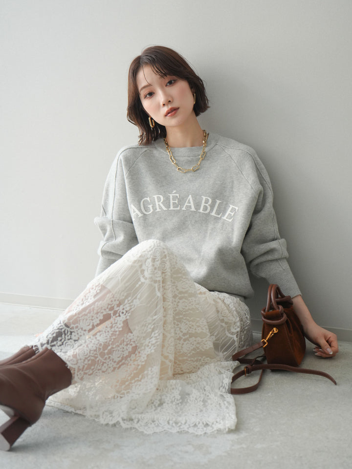 [予約]半ラバープリントロゴスウェットライクニットプルオーバー/mokugray